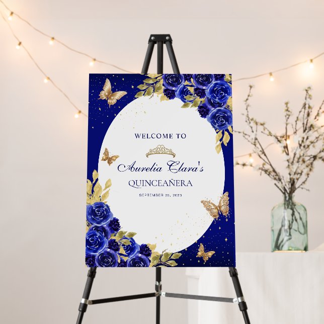 Floral Royal Blue Gold Tiara Butterfly Quinceañera Foam Board (In Situ (Stand))