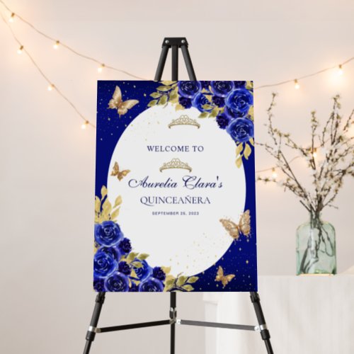 Floral Royal Blue Gold Tiara Butterfly Quinceaera Foam Board