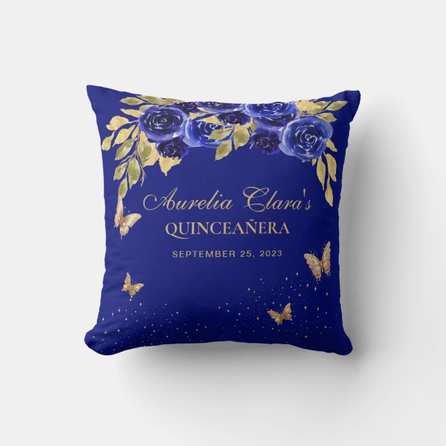 Floral Royal Blue Gold Tiara Butterfly Quinceanera Throw Pillow (Front)