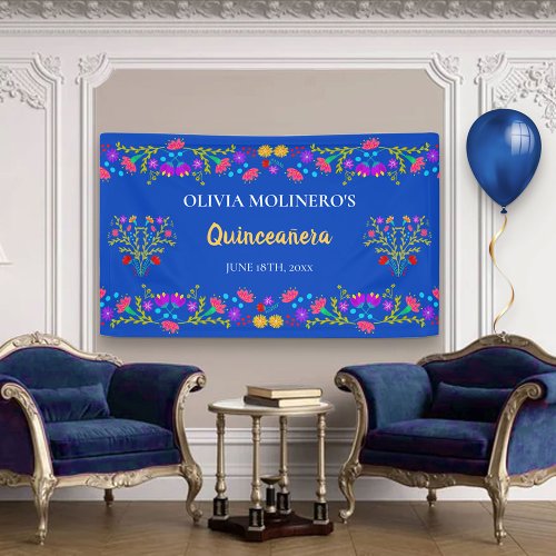 Floral Royal Blue Mexican Quinceanera Welcome Banner
