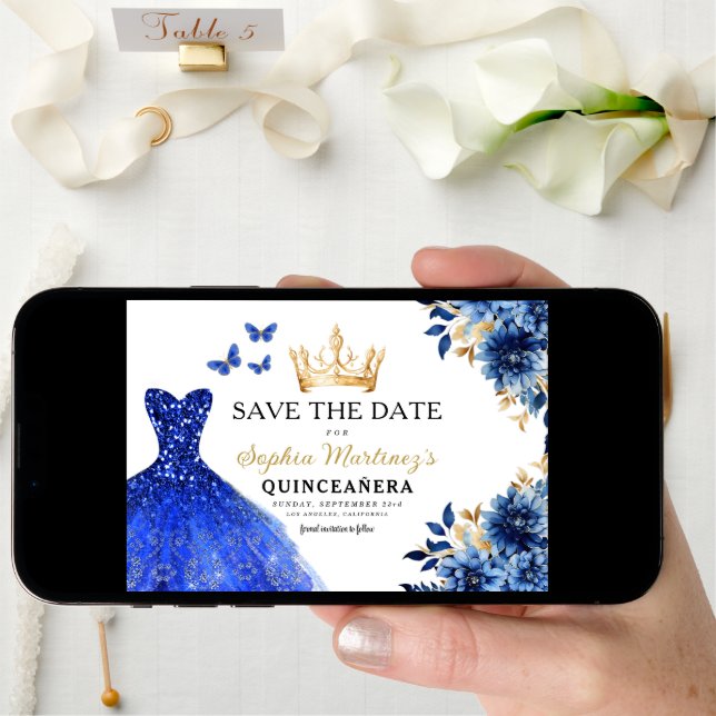 Floral Royal Blue Princess Birthday Quinceanera Save The Date (Front Digital)