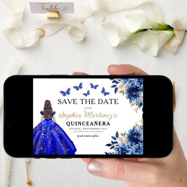 Floral Royal Blue Princess Birthday Quinceanera Save The Date (Front Digital)