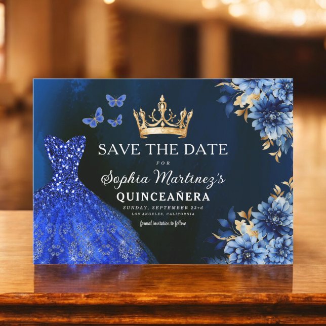 Floral Royal Blue Princess Birthday Quinceanera Save The Date (Creator Uploaded)