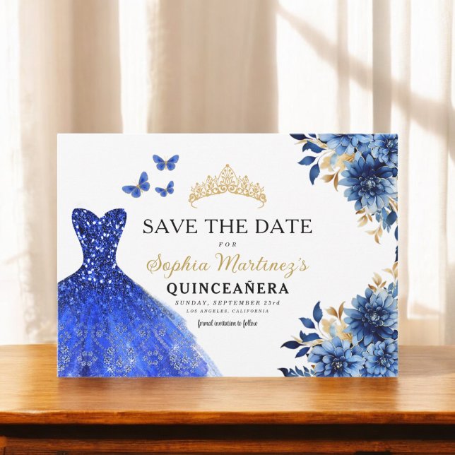 Floral Royal Blue Princess Birthday Quinceanera Save The Date (Creator Uploaded)