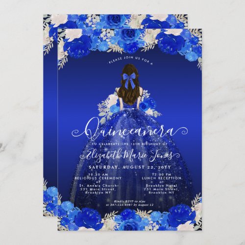 Floral Royal Blue Princess Dress Gown Quinceanera Invitation