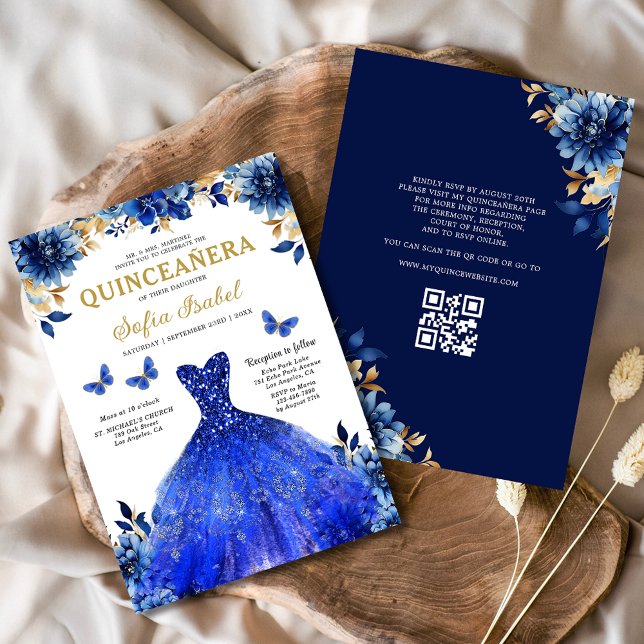 Floral Royal Blue QR Code Princess Quinceanera Invitation (Creator Uploaded)