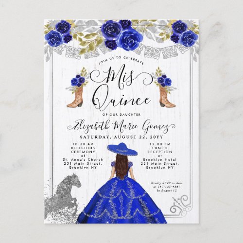 Floral Royal Blue Silver Charra Horse Quinceanera Invitation Postcard