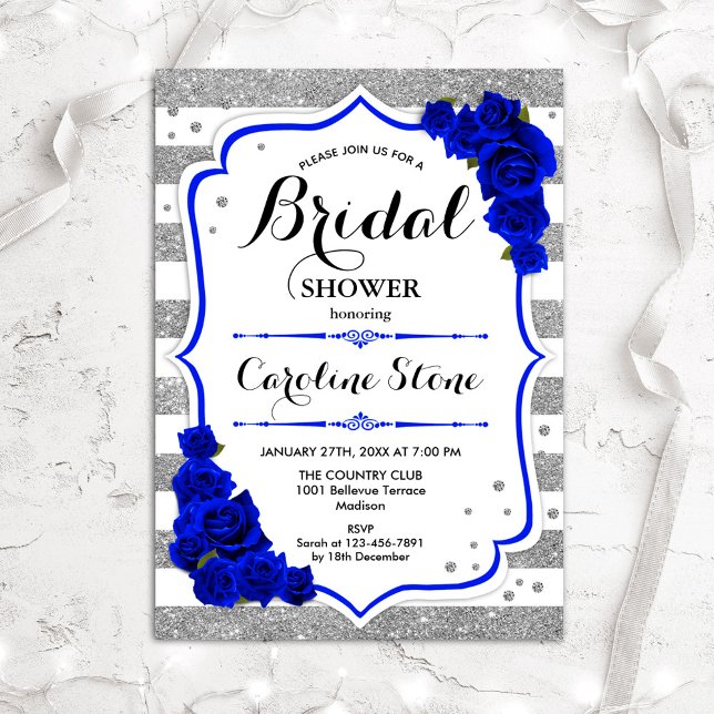 Floral Royal Blue Silver Stripes Bridal Shower Invitation (Creator Uploaded)