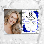 Floral Royal Blue Silver White Photo 50th Birthday Invitation<br><div class="desc">Elegant floral feminine 50th birthday invitation with your photo. Glam, white and royal blue design with faux glitter silver. Features stripes, sapphire blue roses, script font and confetti. Perfect for a stylish adult bday celebration party. Personalise with your own details. Can be customised for any age! Printed Zazzle invitations or...</div>