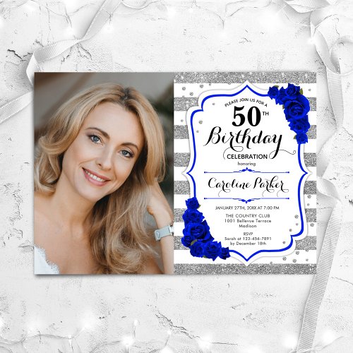 Floral Royal Blue Silver White Photo 50th Birthday Invitation