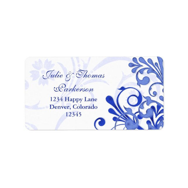 Floral Royal Blue Wedding Return Address Label (Front)