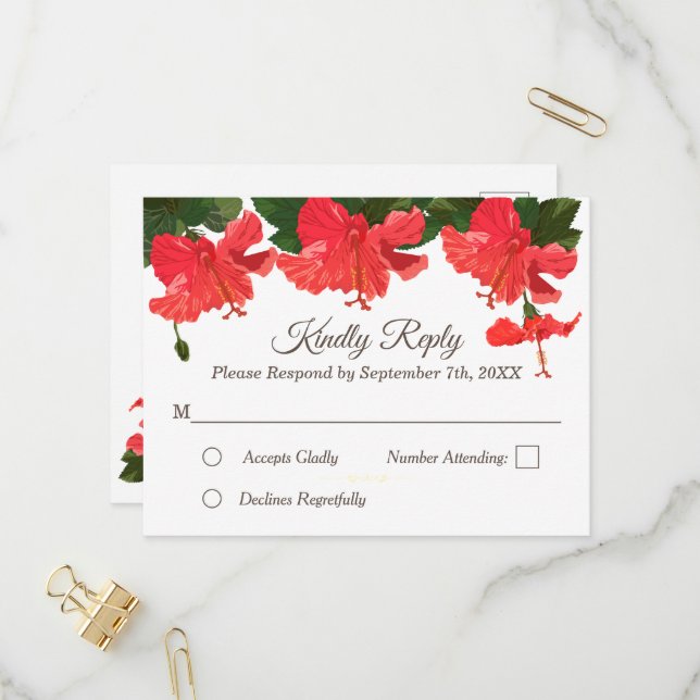 Floral RSVP Invitation Postcard with Red Hibiscus (Front/Back In Situ)