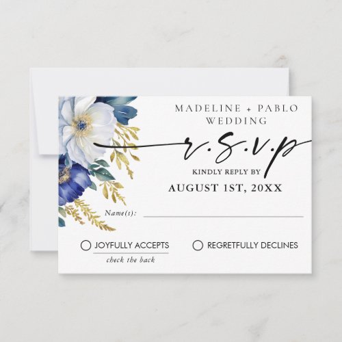 Floral RSVP Response Card Navy White Flowers QR