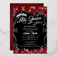 Floral Ruby Red Black Mis Quince Quinceanera 