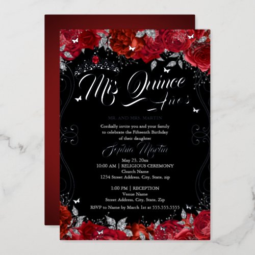 Floral Ruby Red Black Mis Quince Quinceanera  Foil Invitation