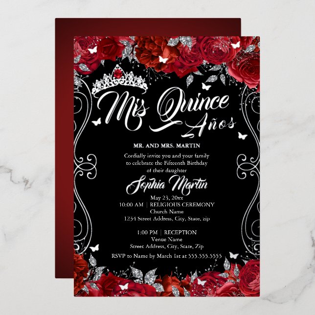 Floral Ruby Red Black Mis Quince Quinceanera  Foil Invitation (Front/Back)