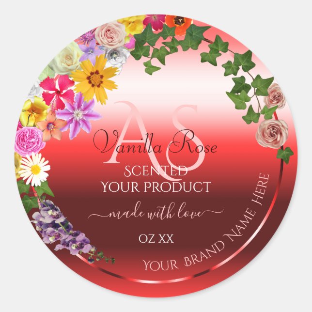 Floral Ruby Red Gradient Product Labels Monogram (Front)