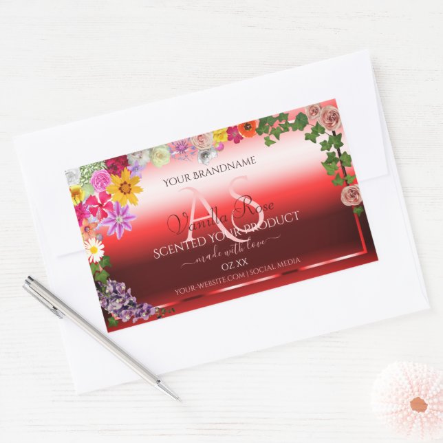 Floral Ruby Red Gradient Product Labels Monogram (Envelope)