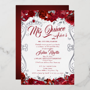 Floral Ruby Silver Red Mis Quince Quinceanera  Foil Invitation
