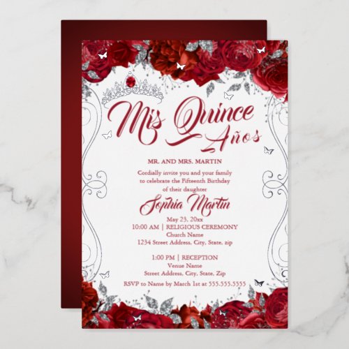 Floral Ruby Silver Red Mis Quince Quinceanera  Foil Invitation