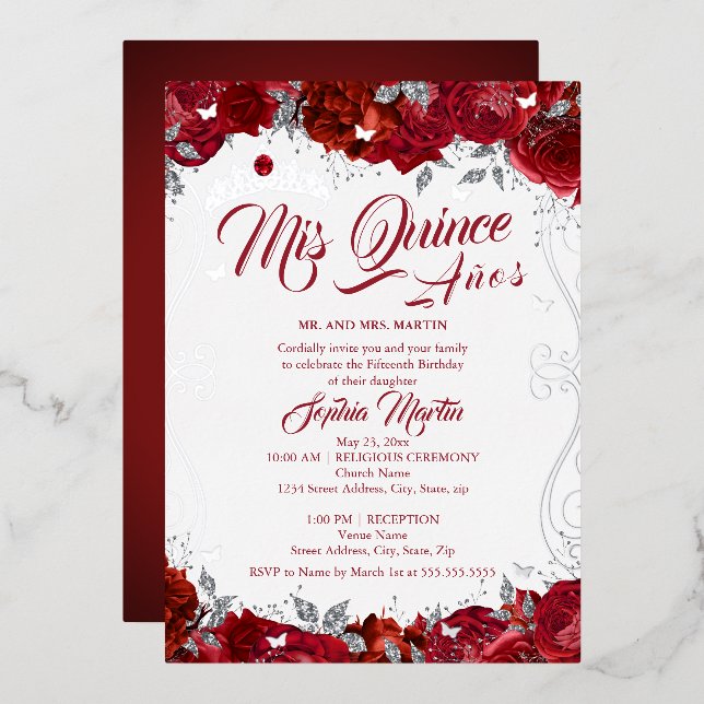 Floral Ruby Silver Red Mis Quince Quinceanera  Foil Invitation (Front/Back)