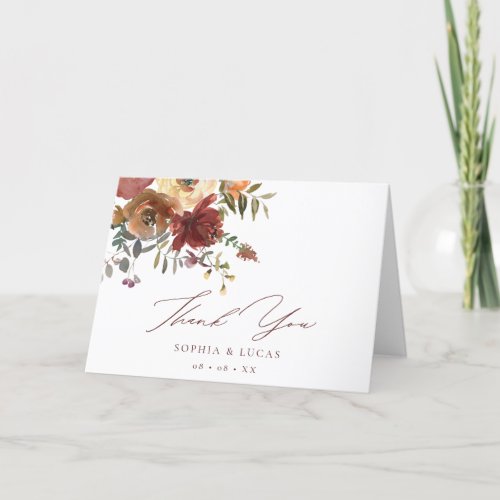 Floral Rust Burgundy Fall Wedding Thank You Card