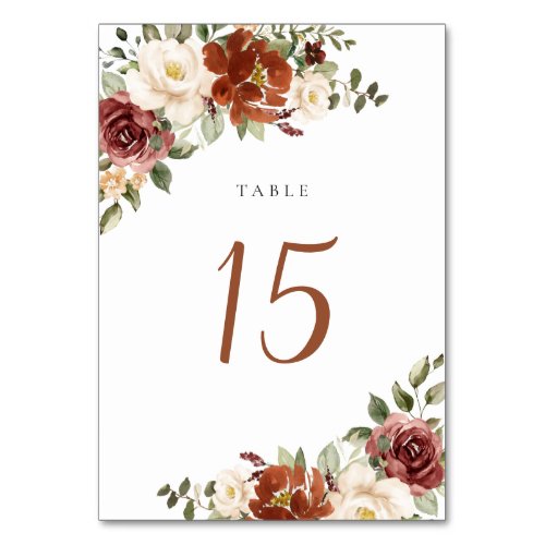 Floral Rust Burgundy Terracotta Wedding Table Number