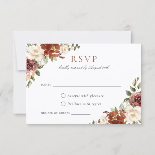 Floral Rust Burgundy White Wedding RSVP Invitation