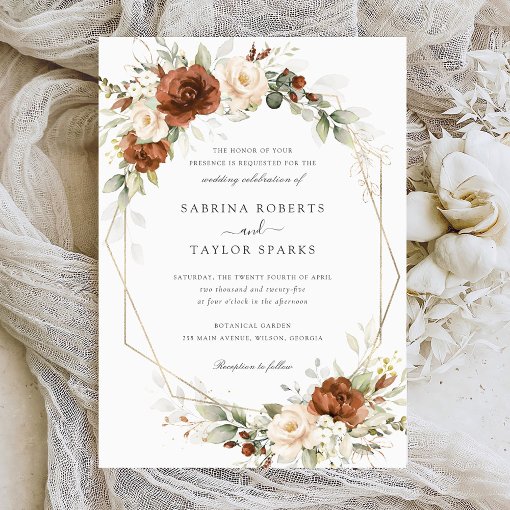 Floral Rust Burnt Orange Greenery Gold Wedding Invitation | Zazzle