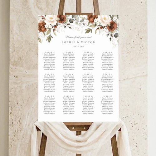 Floral Rust Cream 12 Tables Wedding Seating Chart