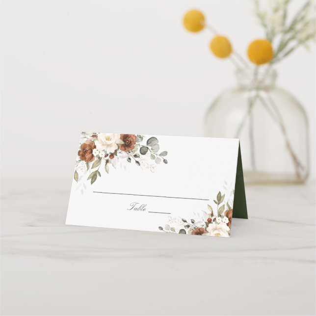 Floral Rust Cream Greenery Elegant Fall Place Card (Front)