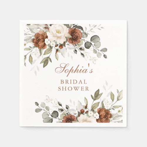 Floral Rust Cream Greenery Gold Bridal Shower  Napkins