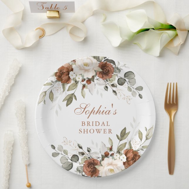 Floral Rust Cream Greenery Gold Bridal Shower Paper Plates (Wedding)