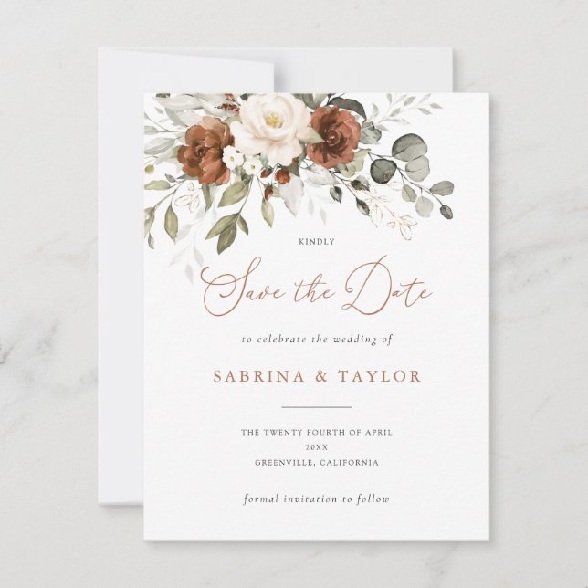 Floral Rust Cream Greenery Wedding Save The Date Invitation (Front)