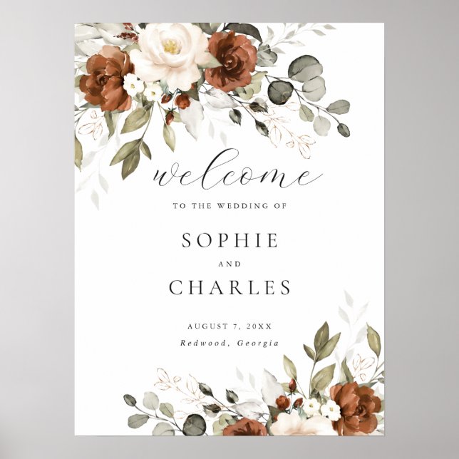 Floral Rust Cream Greenery Wedding Welcome Sign (Front)