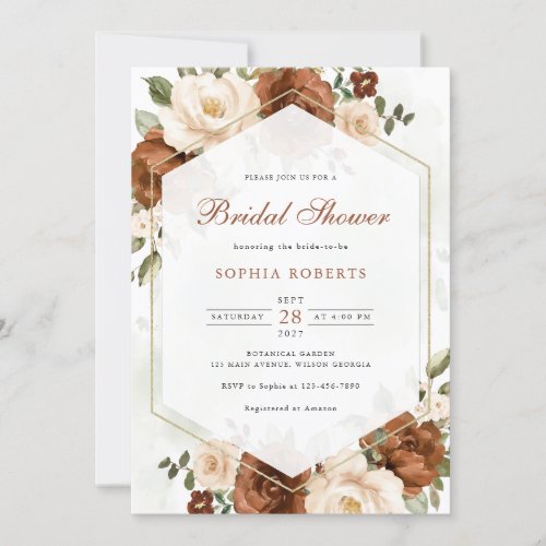 Floral Rust Greenery Gold Geometric Bridal Shower Invitation