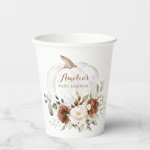 Floral Rust Greenery Pumpkin Fall Baby Shower Paper Cups