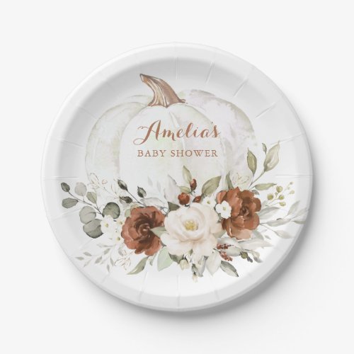 Floral Rust Greenery Pumpkin Fall Baby Shower Paper Plates