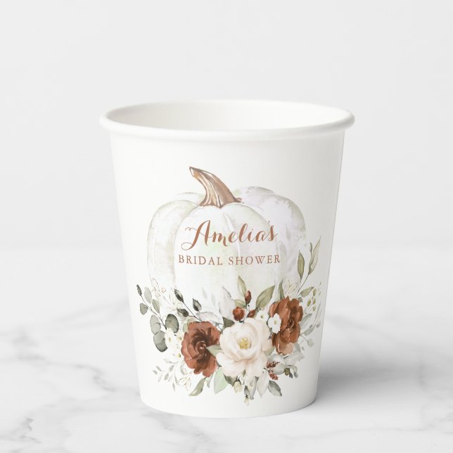 Floral Rust Greenery Pumpkin Fall Bridal Shower Paper Cups (Back)
