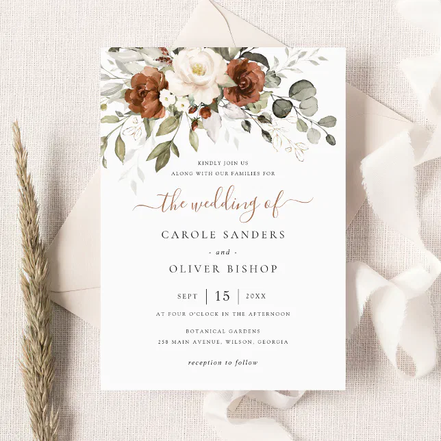 Floral Rust Ivory Cream Greenery Fall Wedding Invitation | Zazzle