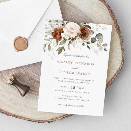 Floral Rust Ivory Cream Greenery Fall Wedding Invitation