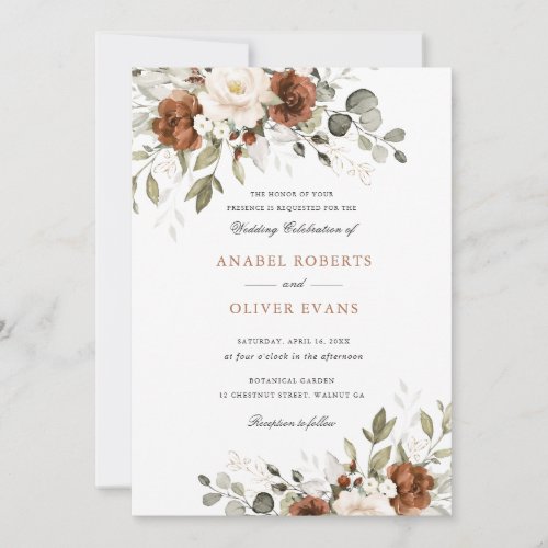 Floral Rust Ivory White Greenery Wedding Invitation
