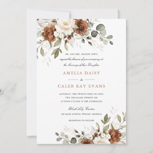 Floral Rust Ivory White Greenery Wedding Invitation