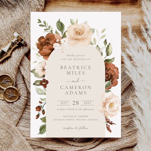 Floral Rust Peach Greenery Boho Arch Wedding Invitation