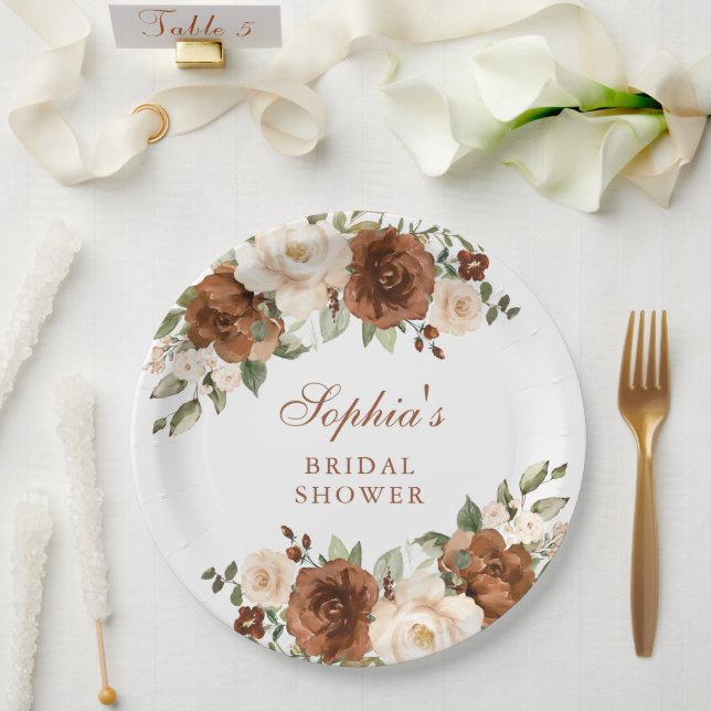 Floral Rust Peach Greenery Gold Bridal Shower Paper Plates (Wedding)