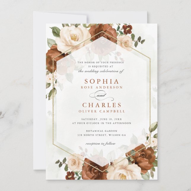 Floral Rust Peach Greenery Gold Geometric Wedding Invitation (Front)