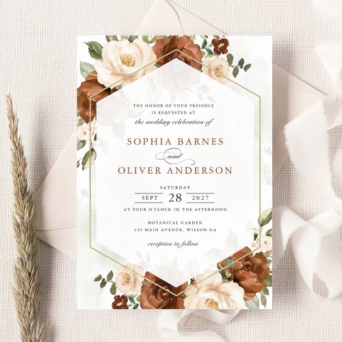 Floral Rust Peach Greenery Gold Geometric Wedding Invitation