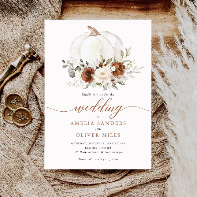 Floral Rust Pumpkin Fall Greenery Wedding Invitation | Zazzle