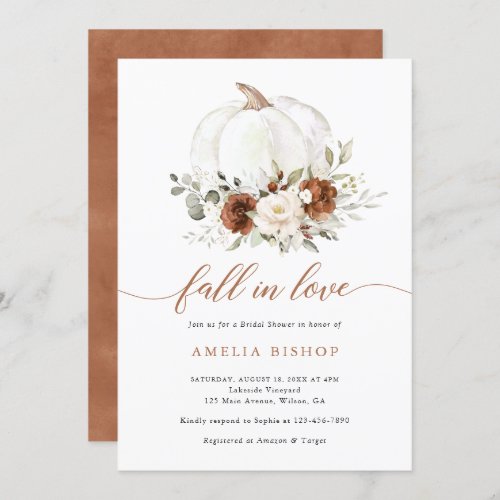 Floral Rust Pumpkin Fall in Love Bridal Shower Invitation