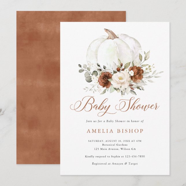 Floral Rust Pumpkin Greenery Fall Baby Shower Invitation (Front/Back)